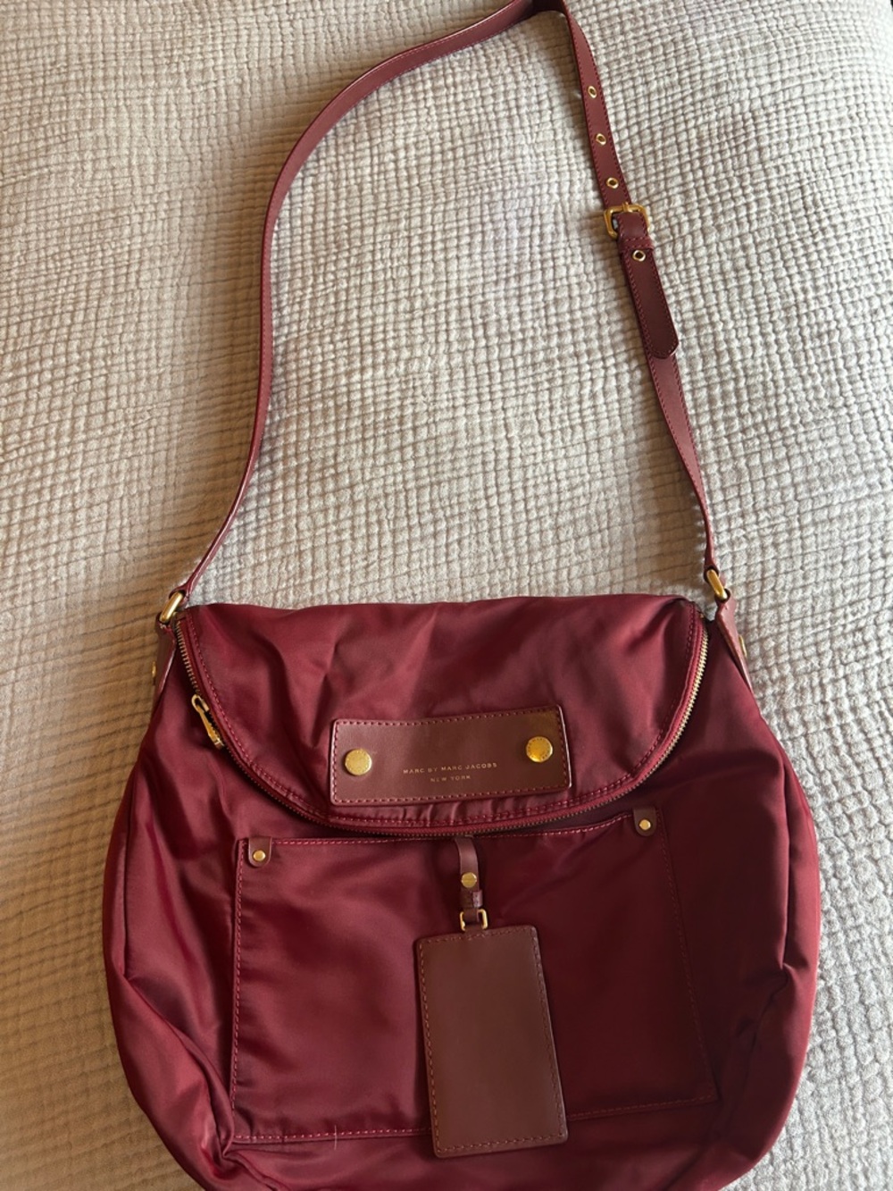 Authentic Marc by Marc Jacobs Burgundy Nylon Shoulder Bag with Gold Hardware